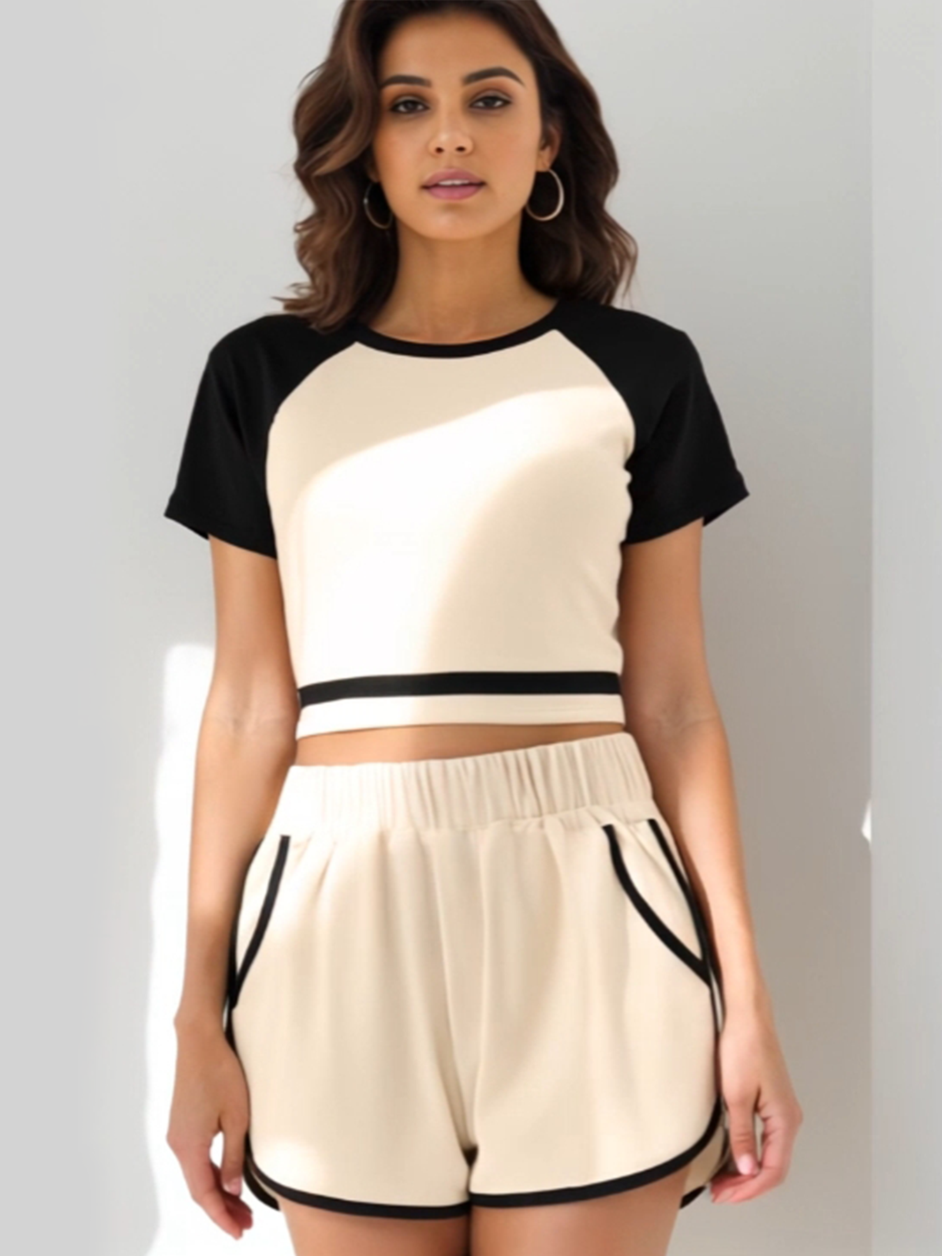 JTWEEN Two Piece Sporty Raglan Sleeve Top & Elastic Waist Shorts Set