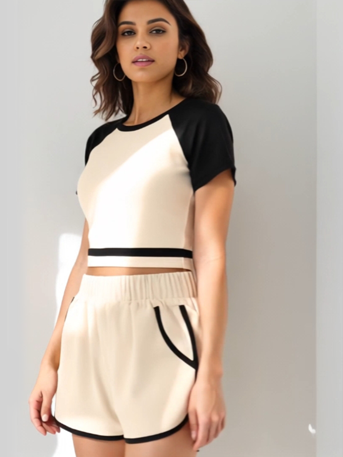 JTWEEN Two Piece Sporty Raglan Sleeve Top & Elastic Waist Shorts Set
