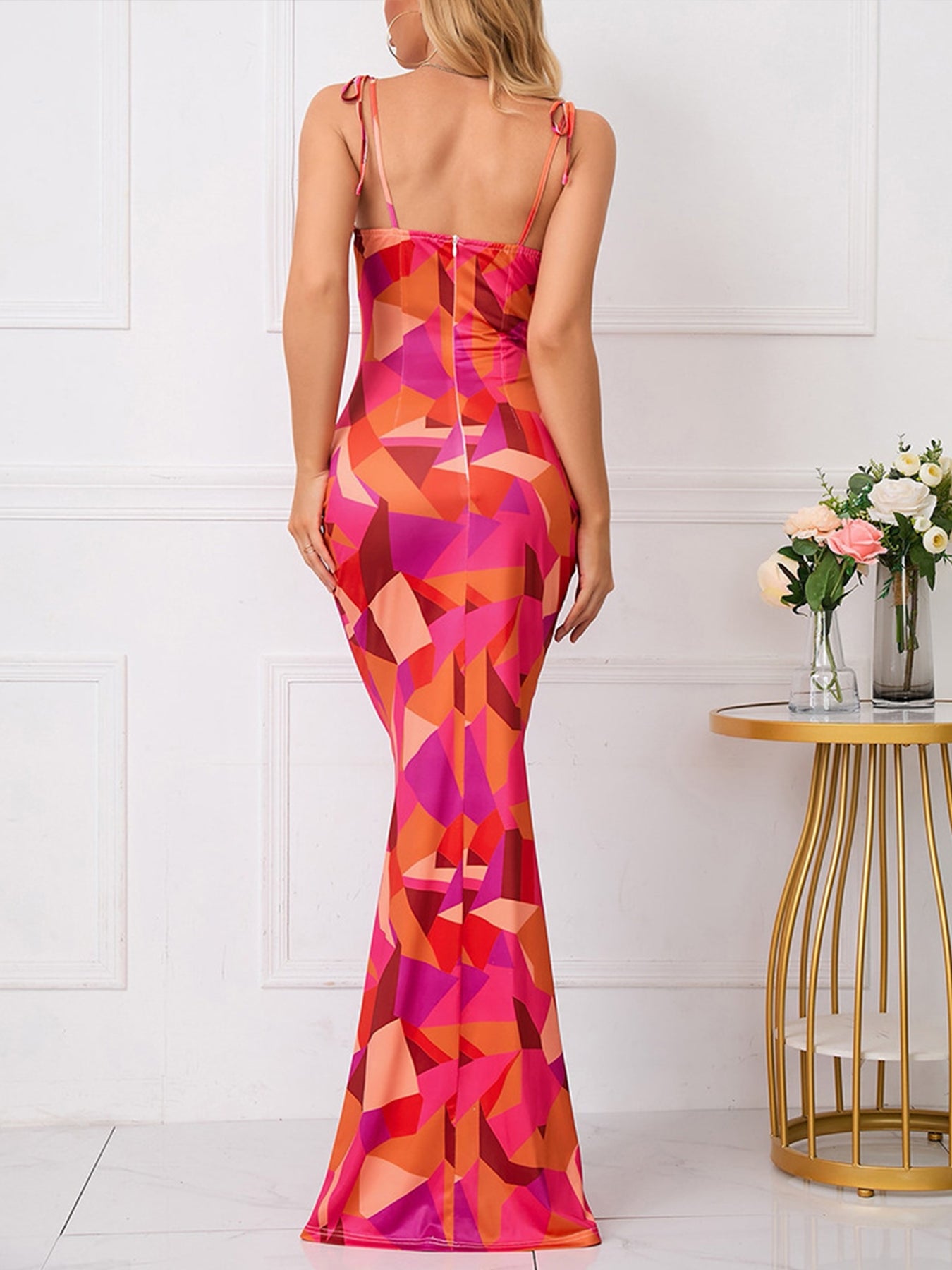 JTWEEN Tie Shoulder Fishtail Hem Floral Print Maxi Prom Dress