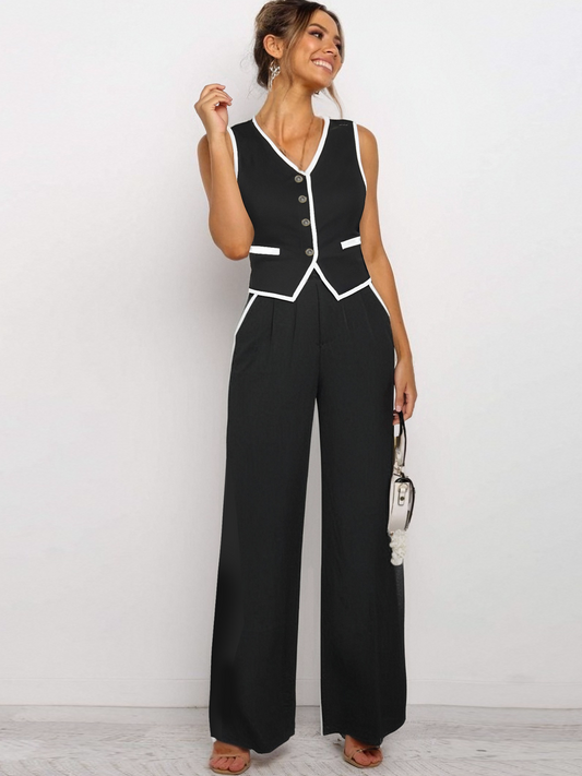 JTWEEN Two Piece Colorblock Vest Blazer & Plicated Wide Leg Pants Set