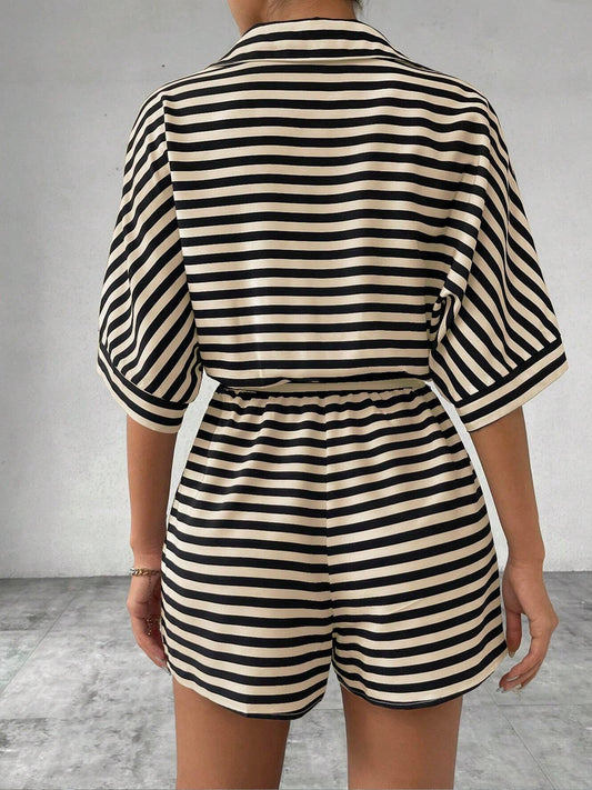 JTWEEN Women's Striped Button Front Half Sleeve Belted Romper