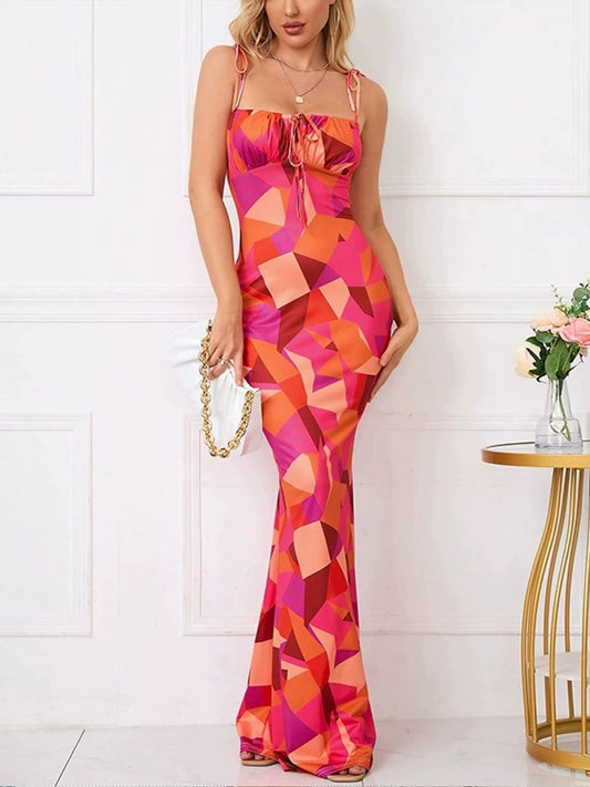 JTWEEN Tie Shoulder Fishtail Hem Floral Print Maxi Prom Dress