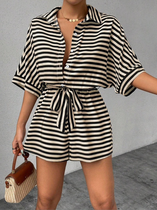 JTWEEN Women's Striped Button Front Half Sleeve Belted Romper