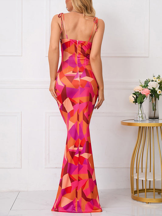 JTWEEN Tie Shoulder Fishtail Hem Floral Print Maxi Prom Dress